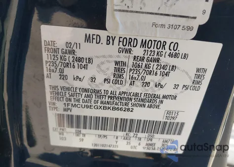 2011 Ford Escape Limited z USA, uszkodzony, nr VIN 1FMCU9EGXBKB66282